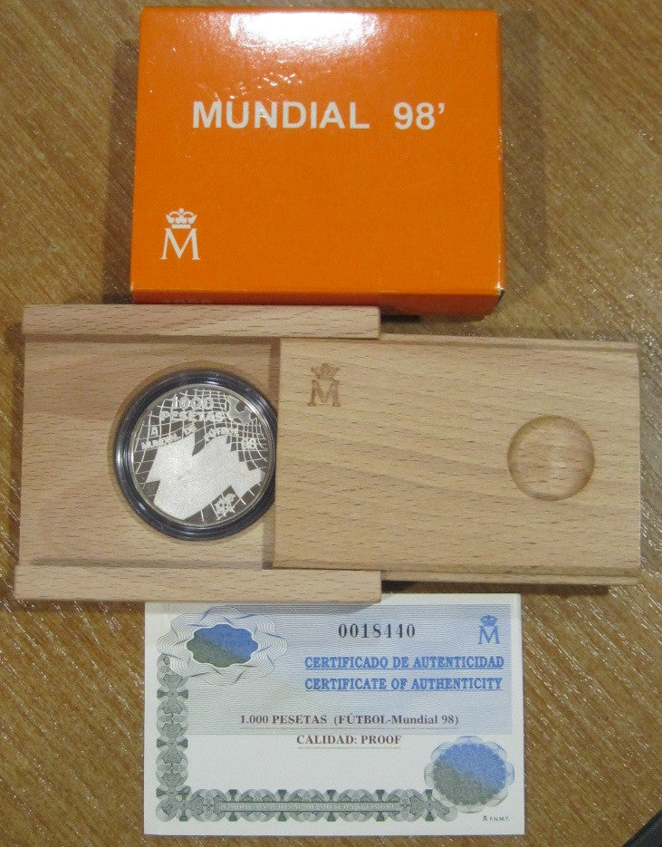 España - 1998 - Conmemorativas FNMT - Nº 00587 - PROOF - 1000 ptas Mundial Futbol 1998 / En estuche / 13,50 gr. plata