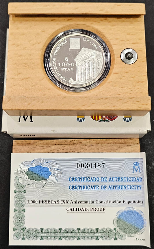 España - 1998 - Conmemorativas FNMT - Nº 00589 - PROOF - 1000 ptas 1998 XX A. Constitución / En estuche / 13,50 gr plata