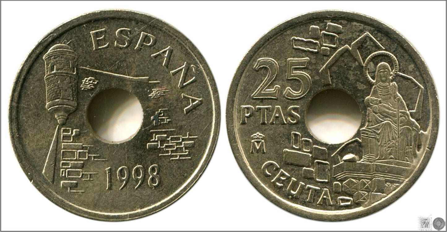 España - 1998 - Juan Carlos I - Nº 00482a - EBC / XF - 25 ptas 1998 Ceuta / variedad pedrusco sobre repisa