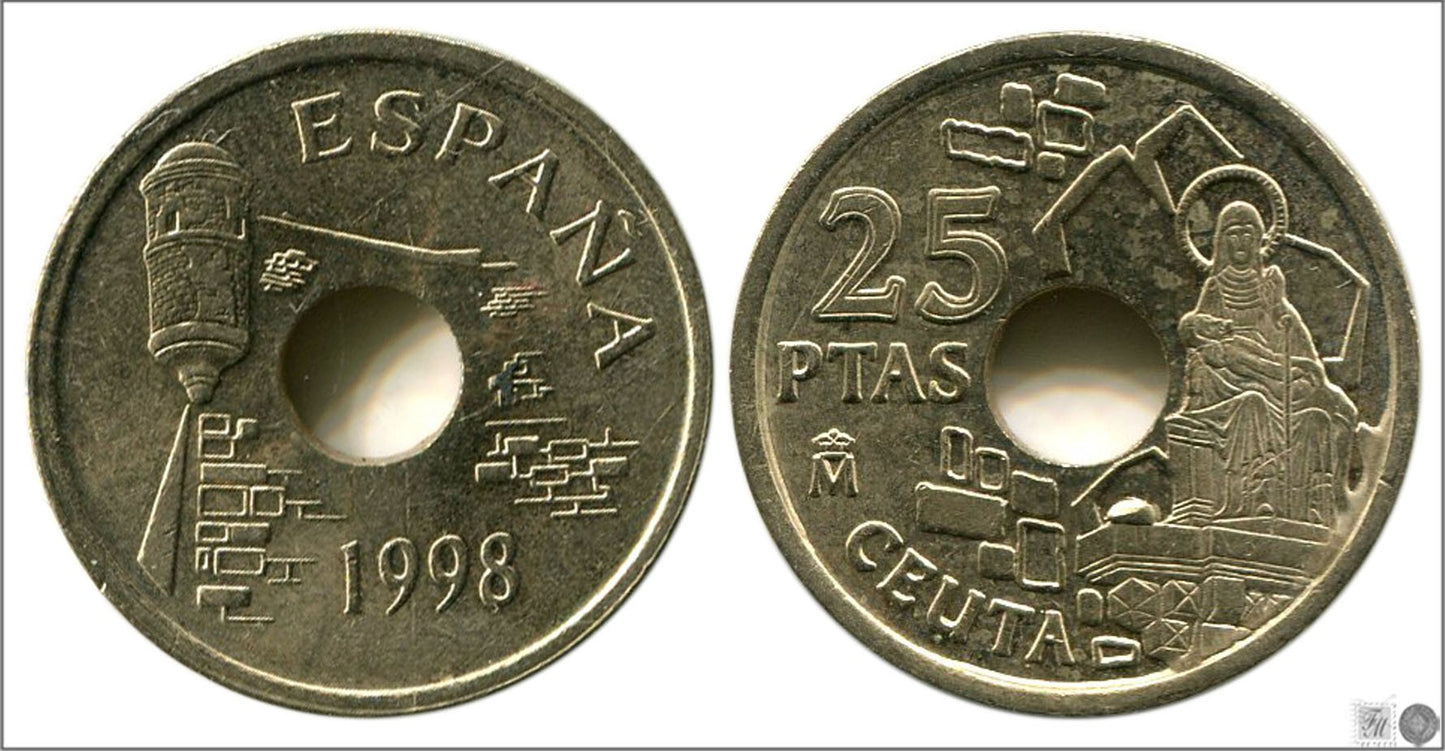 España - 1998 - Juan Carlos I - Nº 00482a - Sin circular - S/C / UNC - 25 ptas 1998 Ceuta / variedad pedrusco sobre repisa