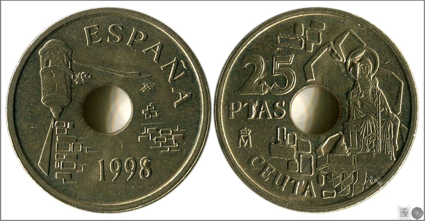 España - 1998 - Juan Carlos I - Nº 00482b - S/C / UNC - 25 ptas 1998 Ceuta / Variedad 2 empastes.