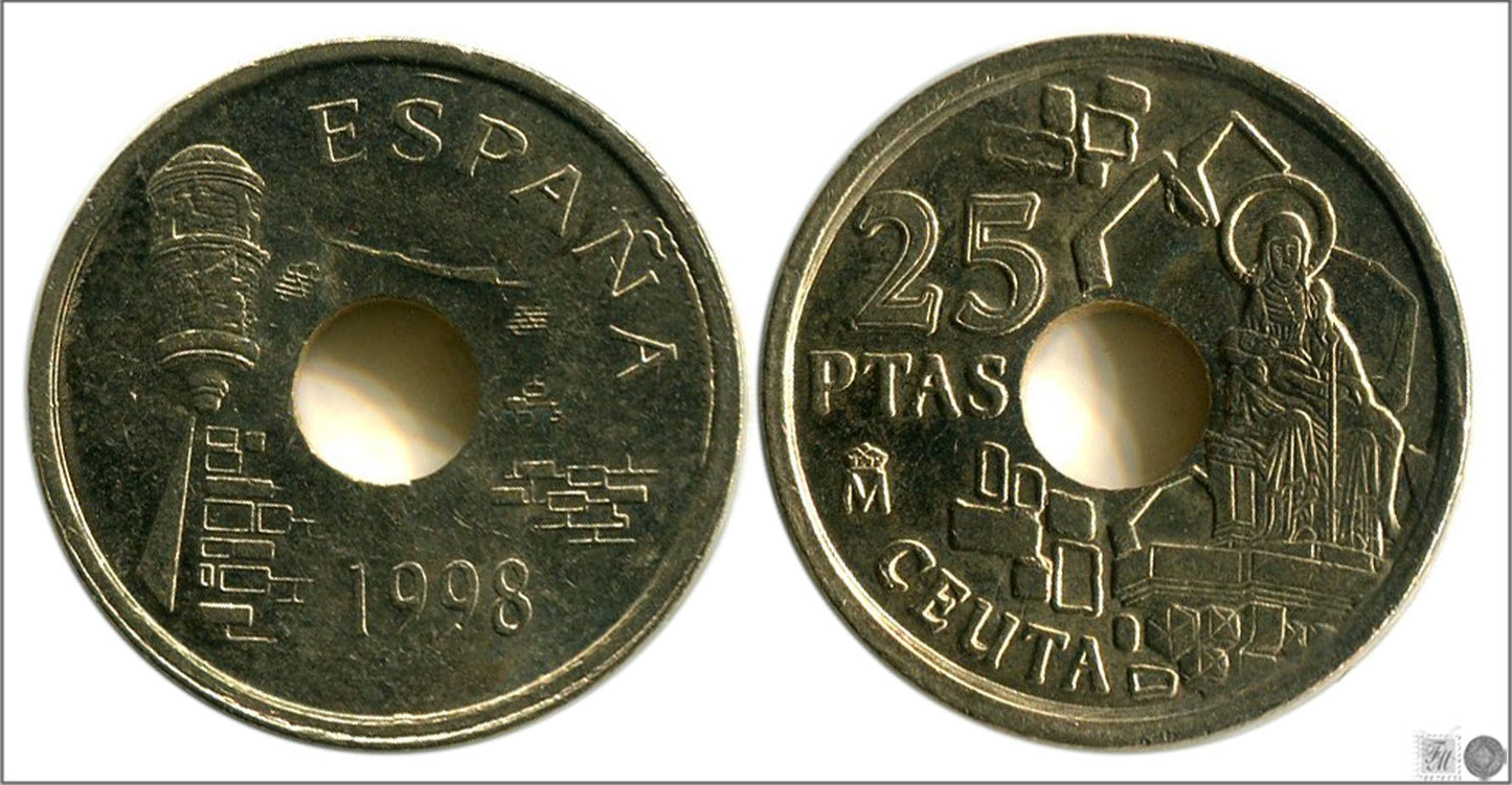 España - 1998 - Juan Carlos I - Nº 00482c - S/C / UNC - 25 ptas 1998 Ceuta / variedad solo empaste arriba