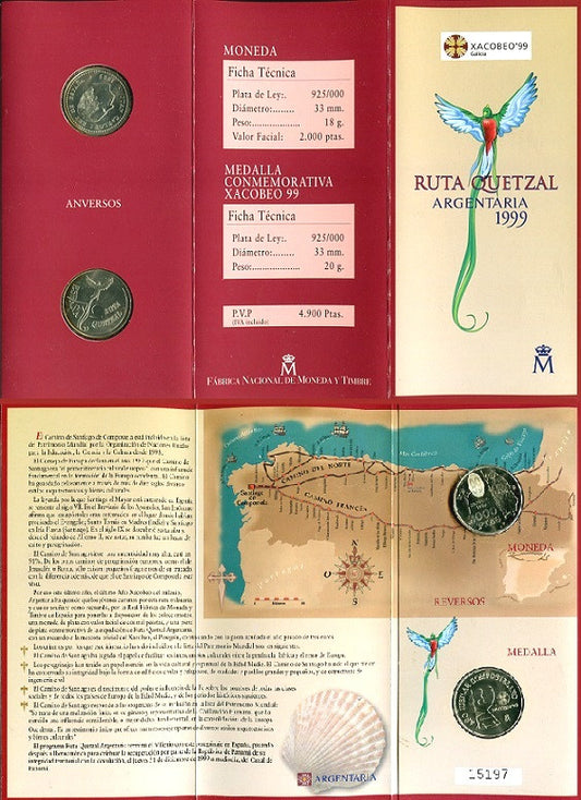 España - 1999 - Juan Carlos I Carteras - Nº 0580b - FDC / MS - 2000 ptas. año 1999 Ag.incluye medalla / Ruta Quetzal Argentaria