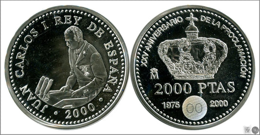 España - 2000 - Conmemorativas FNMT - Nº 00748 - PROOF - 2000 ptas. XXV A.Proclamación Juan Carlos I año 2000 / Plata / En estu