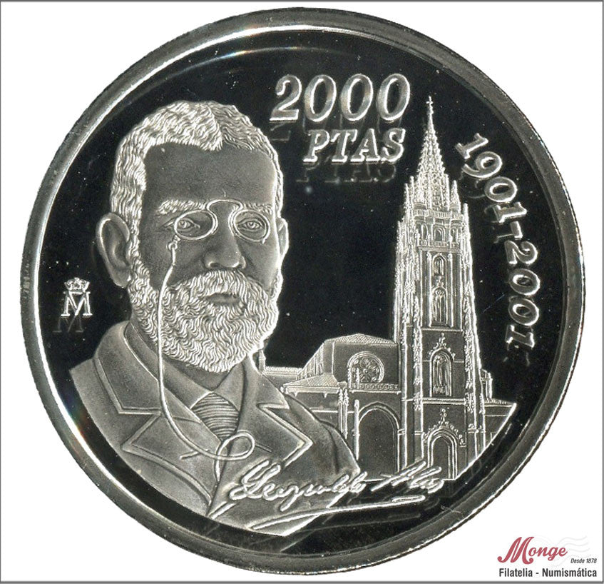 España - 2001 - Conmemorativas FNMT - Nº 00603 - PROOF - 2000 ptas Leopoldo Alas Clarín 2001 / 27 gr. plata en capsula