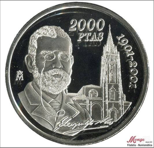 España - 2001 - Conmemorativas FNMT - Nº 00603 - PROOF - 2000 ptas Leopoldo Alas Clarín 2001 / 27 gr. plata en capsula