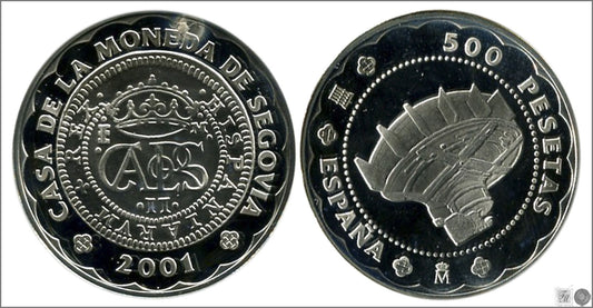 España - 2001 - Conmemorativas FNMT - Nº 00761 - PROOF - 500 ptas Casa Segovia 2001 - 6,75 gr. plata / En Estuche