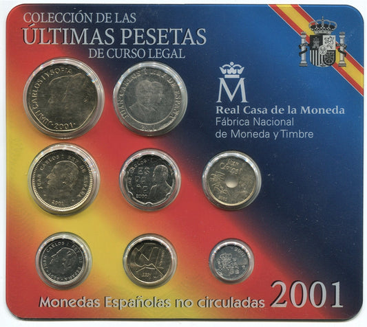 España - 2001 - Juan Carlos I Carteras - Nº 0582 - FDC / MS - Año 2001 / 8 monedas