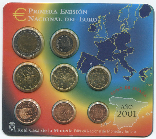 España - 2001 - Monedas Euros en cartera oficial - FDC / MS - Año 2001 (8 monedas)