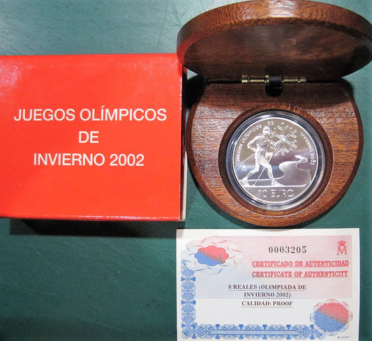 España - 2002 - Conmemorativas FNMT - PROOF - 10 € 2002 / Olimpiada Invierno 2002 / Esquiador / 27 gr. plata - En estuche