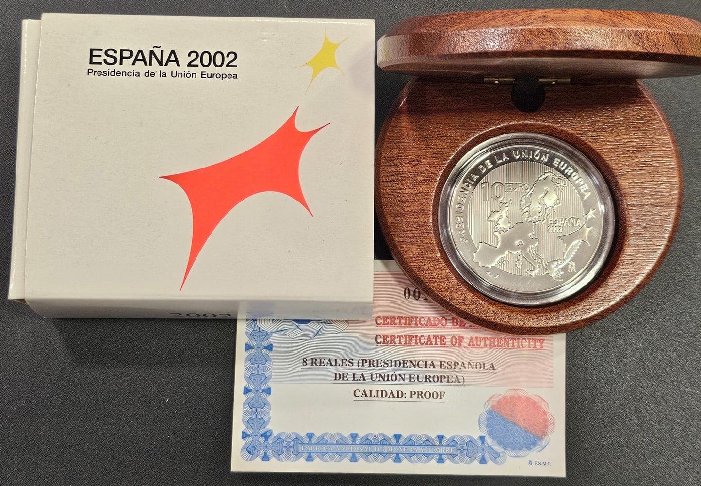 España - 2002 - Conmemorativas FNMT - PROOF - 10 € 2002 / Presidencia Española UE / 27 gr. plata - En estuche