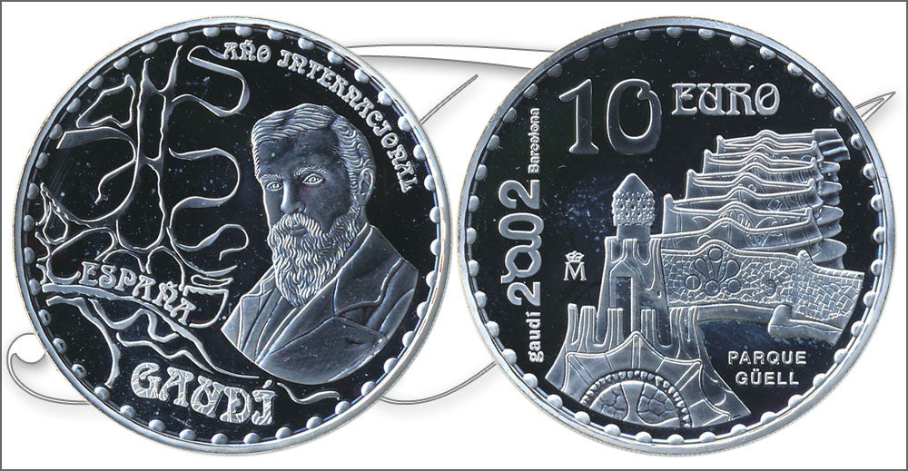 España - 2002 - Conmemorativas FNMT - PROOF - 10 € Gaud 2002 Parque Guell / Plata / En estuche