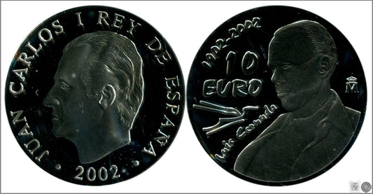 España - 2002 - Conmemorativas FNMT - PROOF - 10 € Luis Cernuda año 2002 / 27 gr. Plata en capsula