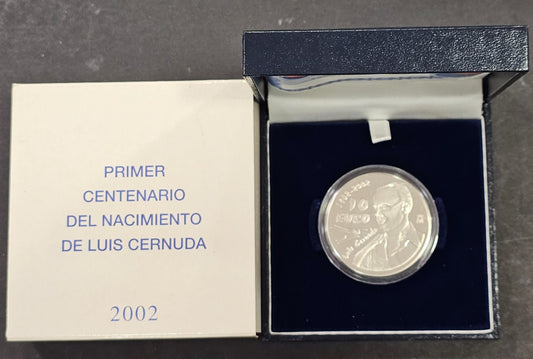 España - 2002 - Conmemorativas FNMT - PROOF - 10 € Luis Cernuda año 2002 / 27 gr. plata - En estuche