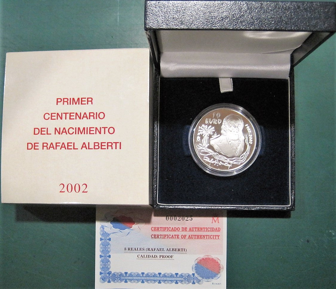 España - 2002 - Conmemorativas FNMT - PROOF - 10 € Rafael Alberti 2002 / 27 gr. plata - En Estuche