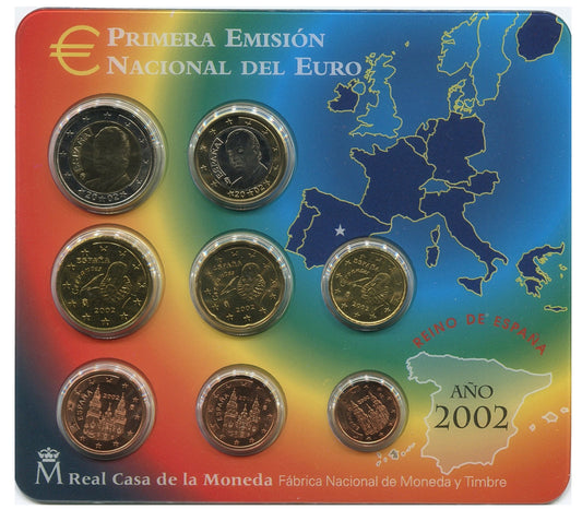 España - 2002 - Monedas Euros en cartera oficial - FDC / MS - Año 2002 (8 monedas)