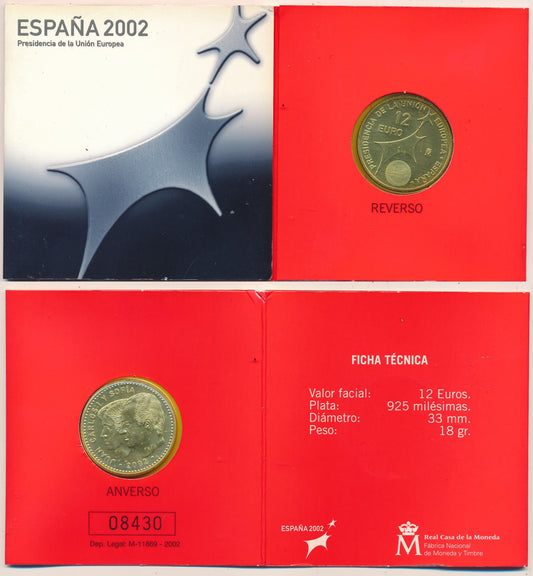 España - 2002 - Monedas euros en plata - FDC / MS - 12 € año 2002 / Presidencia U.E. / En cartera oficial