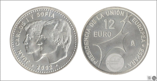 España - 2002 - Monedas euros en plata - S/C / UNC - 12 € año 2002 / Presidencia U.E. / Sobre original