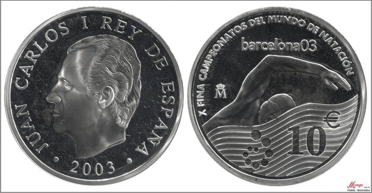 España - 2003 - Conmemorativas FNMT - PROOF - 10 € 2003 Mundial Natación / 27 gr. plata / En capsula