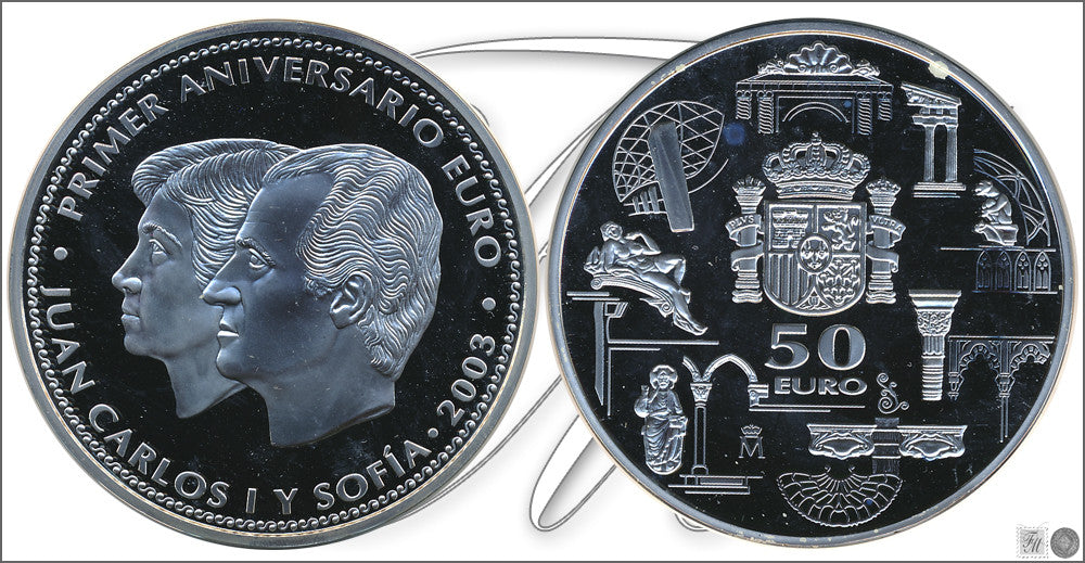 España - 2003 - Conmemorativas FNMT - PROOF - 50 € Año 2003 / 1er Aniversario Euro / 168,75 gr. Plata / En Estuche