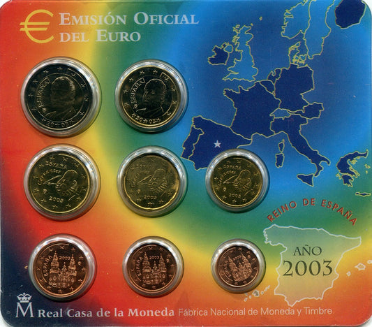 España - 2003 - Monedas Euros en cartera oficial - FDC / MS - Año 2003 (8 monedas)