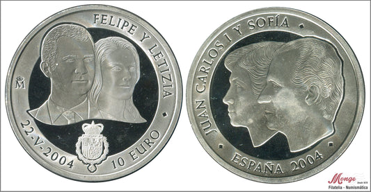 España - 2004 - Conmemorativas FNMT - PROOF - 10 € 2004 Boda Felipe y Leticia / 27 gr. Plata en capsula