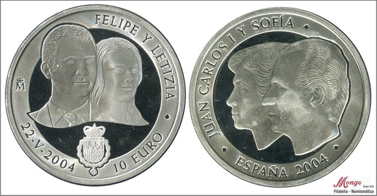 España - 2004 - Conmemorativas FNMT - PROOF - 10 € 2004 Boda Felipe y Leticia / capsula / 27 gr. plata