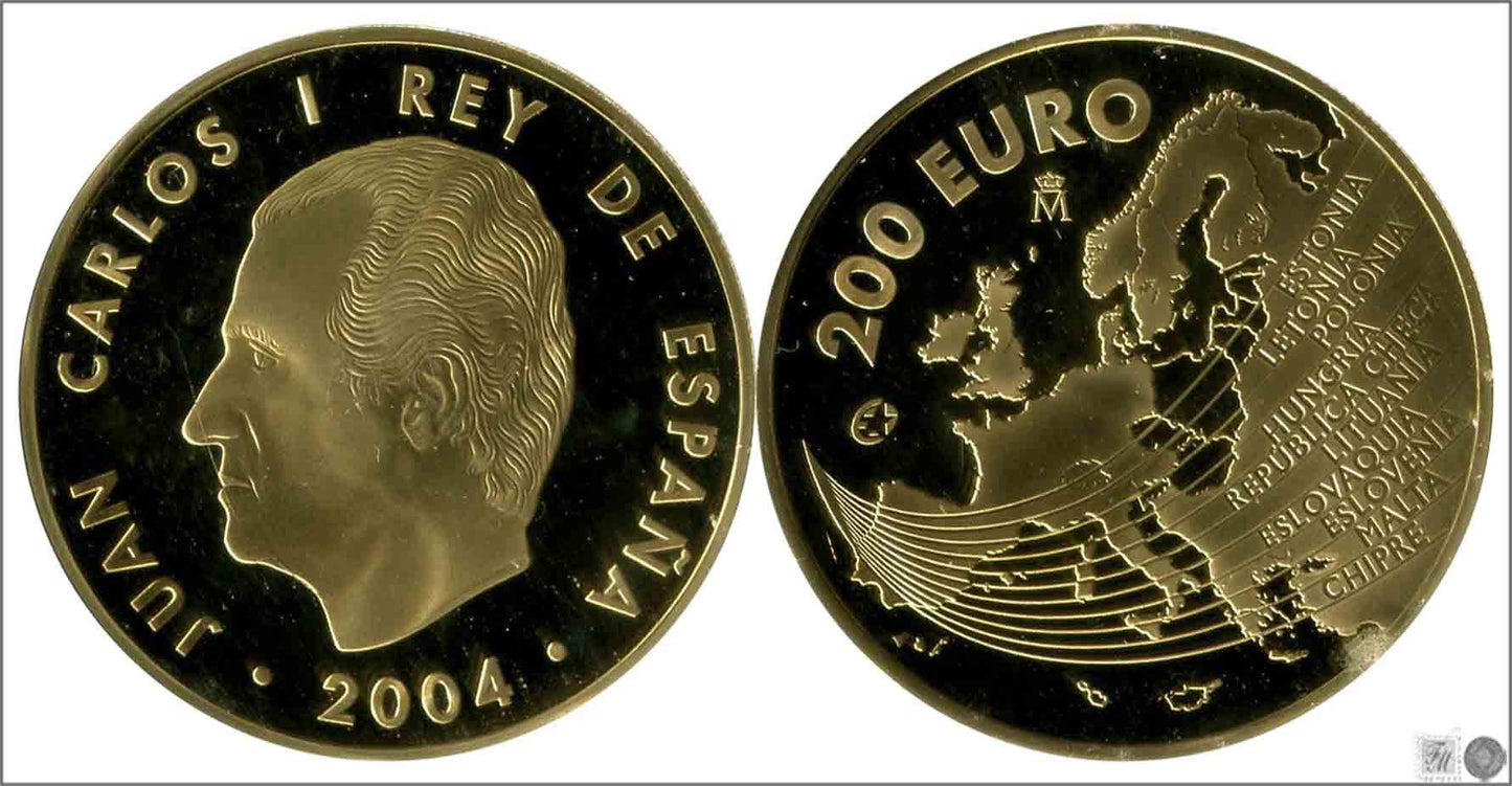 España - 2004 - Conmemorativas FNMT - PROOF - 200 € Año 2004 / Ampliacion Union Europea / en estuche / 13,50 gr. oro puro