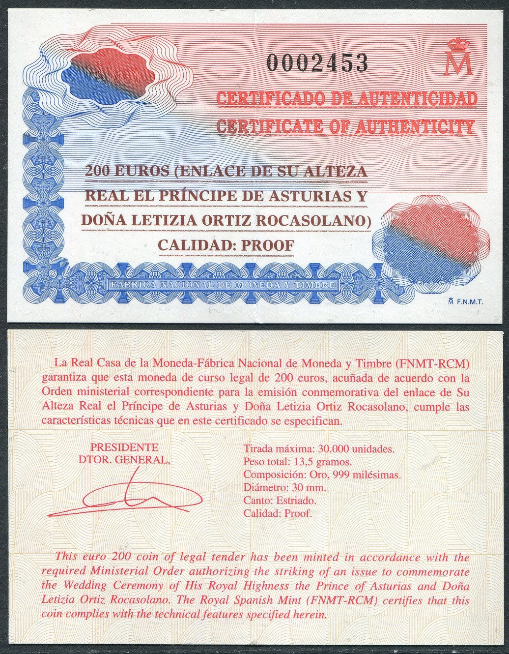 España - 2004 - Conmemorativas FNMT - PROOF - 200 € Año 2004 Boda Felipe Y Leticia / en Capsula con certificado / 13,50 gr. oro