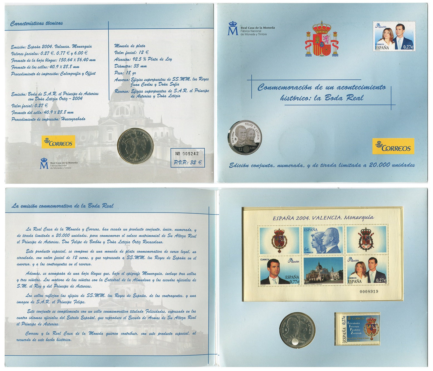 España - 2004 - Monedas euros en plata - FDC / MS - 12 € año 2004 Boda Felipe/Leticia / En cartera son sello y Hoja Bloque