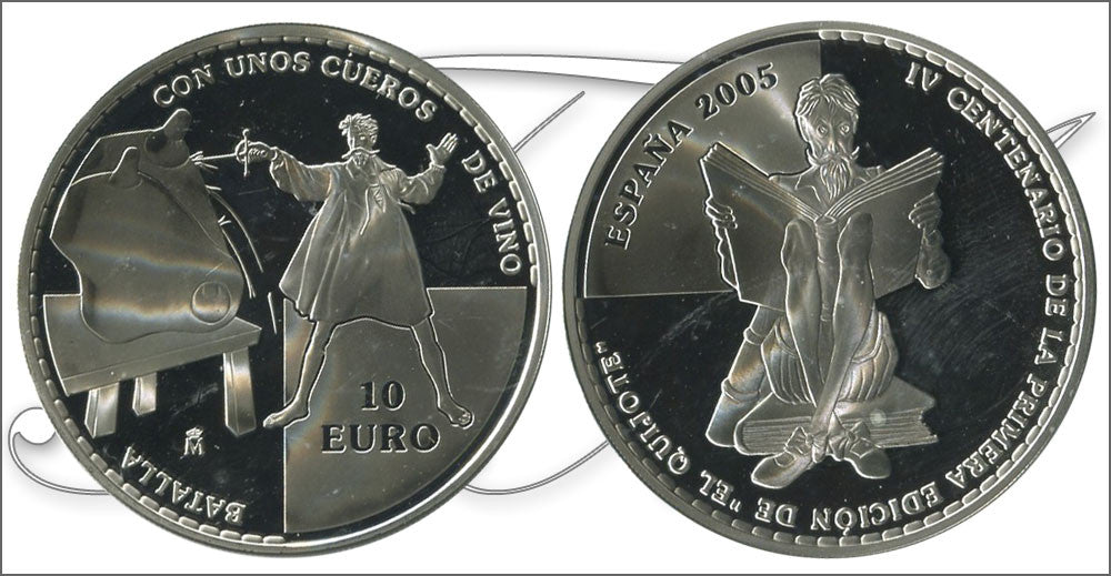 España - 2005 - Conmemorativas FNMT - PROOF - 10 € El Quijote´05 / Con unos cueros de vino / 27 gr. plata - en estuche