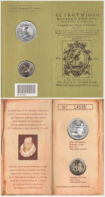 España - 2005 - Monedas euros en plata - FDC / MS - 12 € y 2€ año 2005 Quijote / En cartera oficial