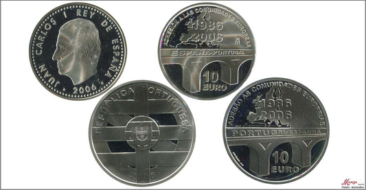 España - 2006 - Conmemorativas FNMT - PROOF - 10 € 2006 / 20 Aniv. Adhesión España/Portugal UE. (2 monedas) / 27 gr. plata / en