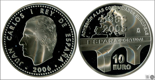 España - 2006 - Conmemorativas FNMT - PROOF - 10 € 2006 / 20 Aniv. Adhesión España/Portugal UE / 27 gr. plata en capsula