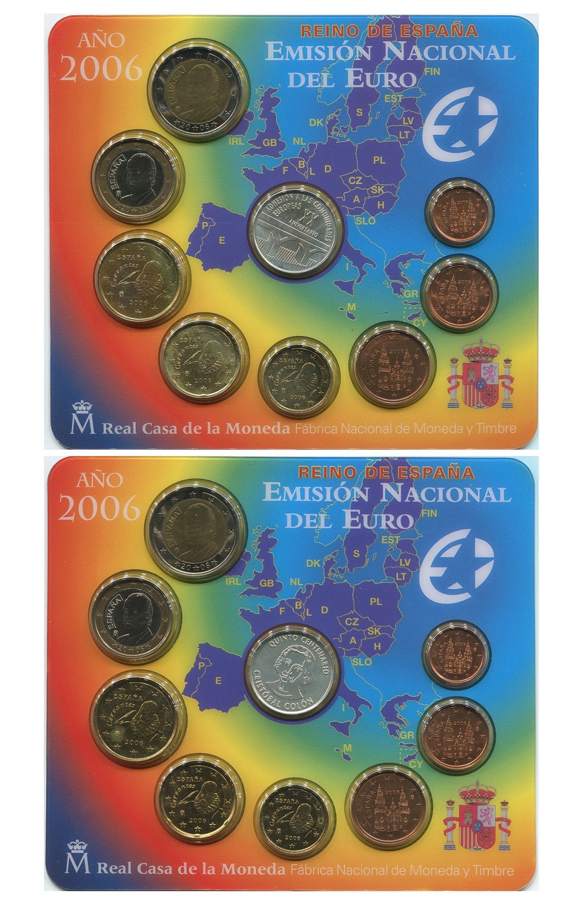 España - 2006 - Monedas Euros en cartera oficial - FDC / MS - Año 2006 (8monedas+medallas colon y UE) (Juego 2 carteras)