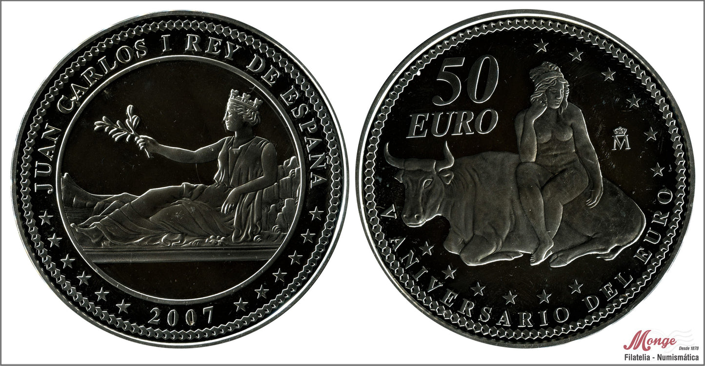 España - 2007 - Conmemorativas FNMT - PROOF - 50 € año 2007 / V. Aniv. del Euro / 168,75 gr. plata / En Capsula