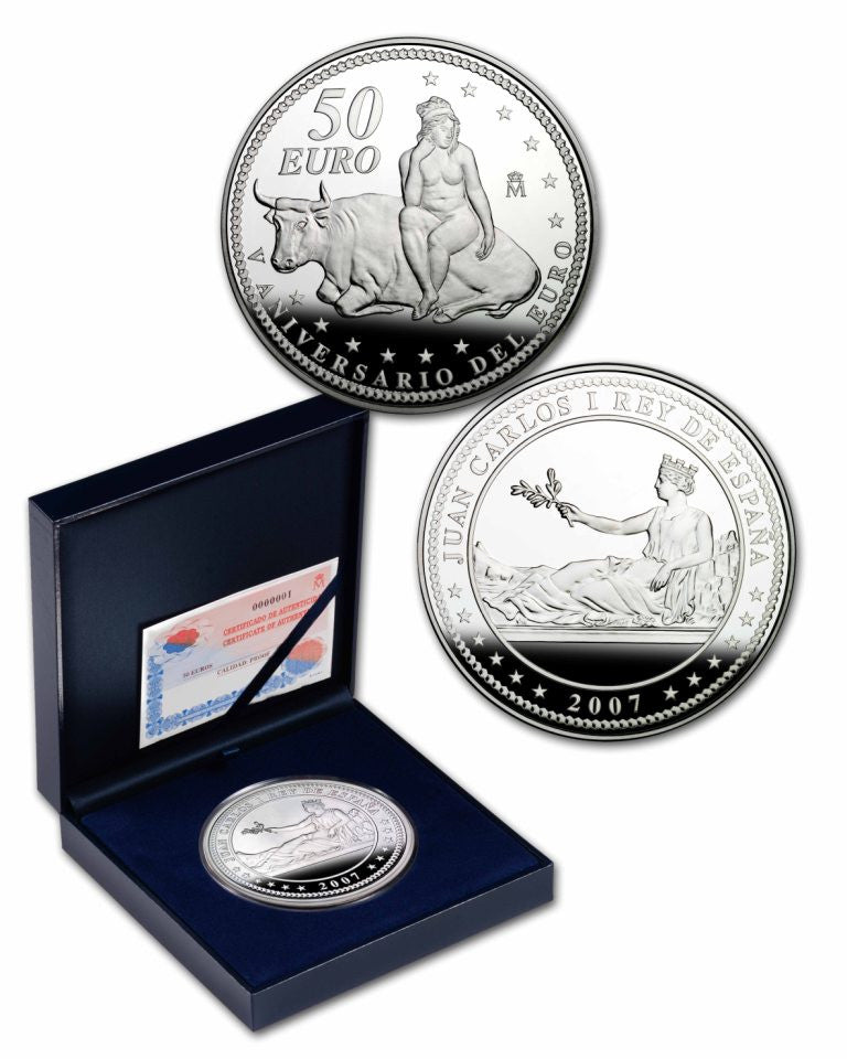 España - 2007 - Conmemorativas FNMT - PROOF - 50 € año 2007 / V. Aniv. del Euro / 168,75 gr. plata / En estuche