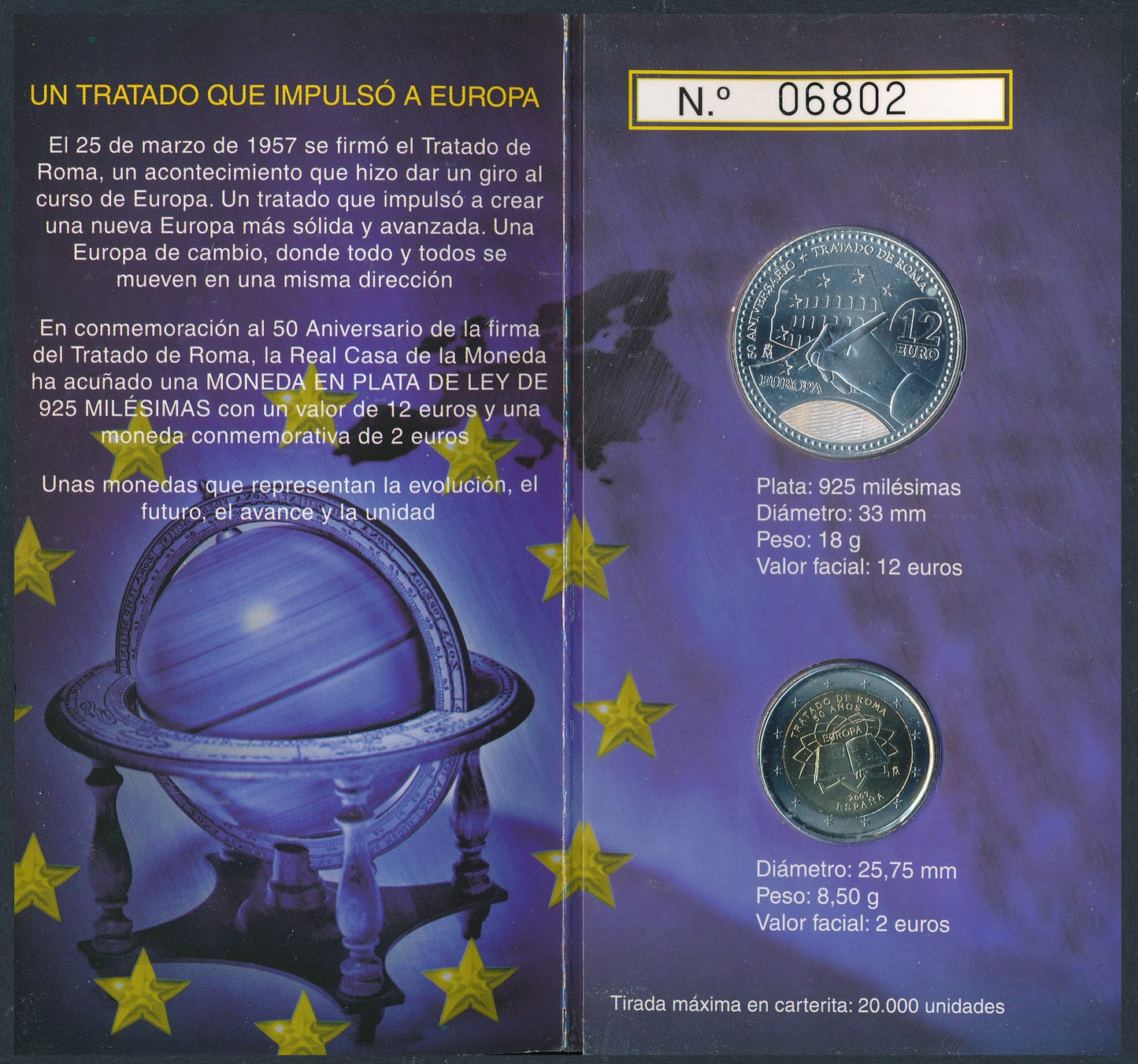 España - 2007 - Monedas euros en plata - FDC / MS - 12 € y 2 € Año 2007 / 50 Aniv. tratado Roma / Cartera oficial FNMT