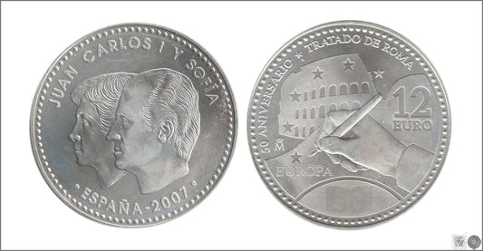 España - 2007 - Monedas euros en plata - S/C / UNC - 12 € Año 2007 / 50 Aniv. tratado Roma / Sobre Original