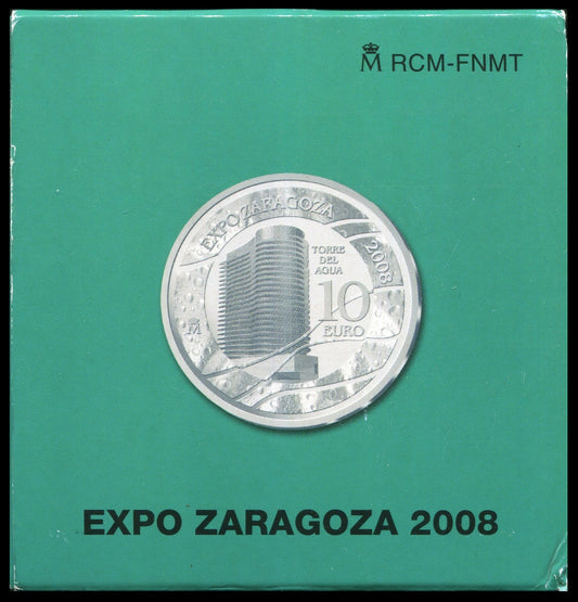 España - 2008 - Conmemorativas FNMT - PROOF - 10 € 2008 Expo Zaragoza / Torre Agua / 27 gr. plata / En estuche