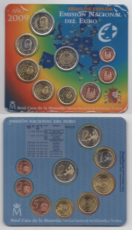 España - 2009 - Monedas Euros en cartera oficial - FDC / MS - Año 2009 (9 monedas)