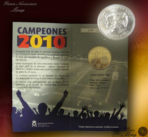 España - 2010 - Monedas euros en plata - FDC / MS - 20 € Año 2010 en cartera oficial / Mundial Sudafrica -Campeones