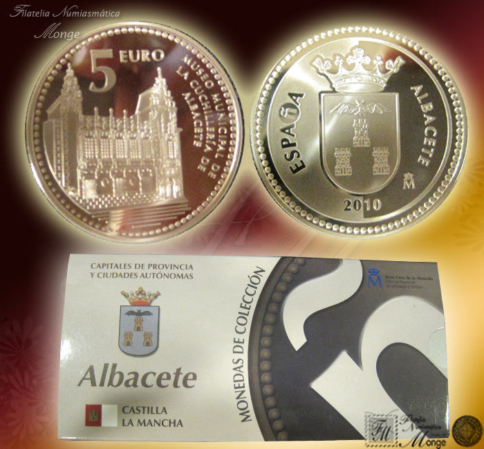 España - 2010 - Monedas euros en plata - PROOF - 5 € Año 2010 / Albacete / Plata / En estuche oficial