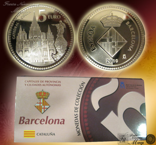 España - 2010 - Monedas euros en plata - PROOF - 5 € Año 2010 / Barcelona / Plata / En estuche oficial