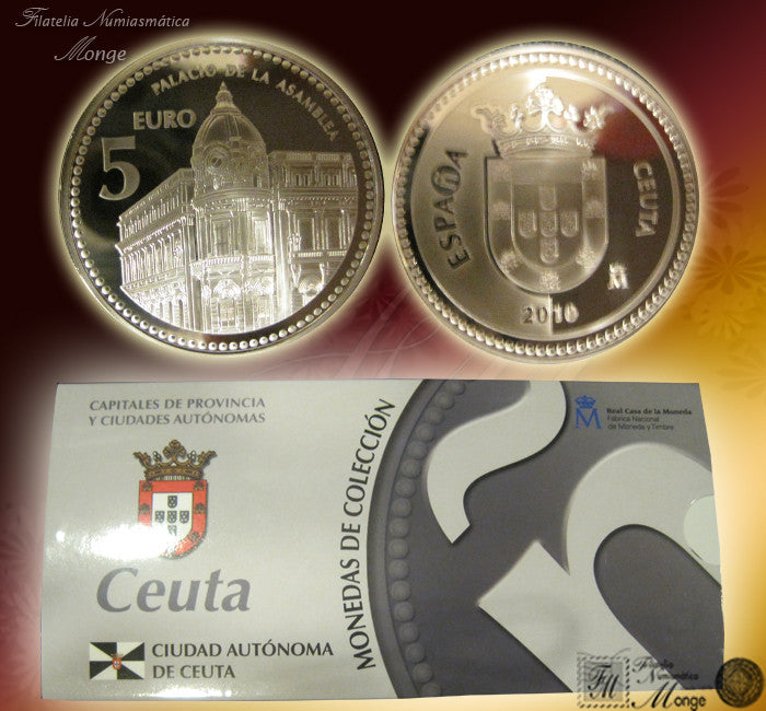 España - 2010 - Monedas euros en plata - PROOF - 5 € Año 2010 / Ceuta / Plata / En estuche oficial