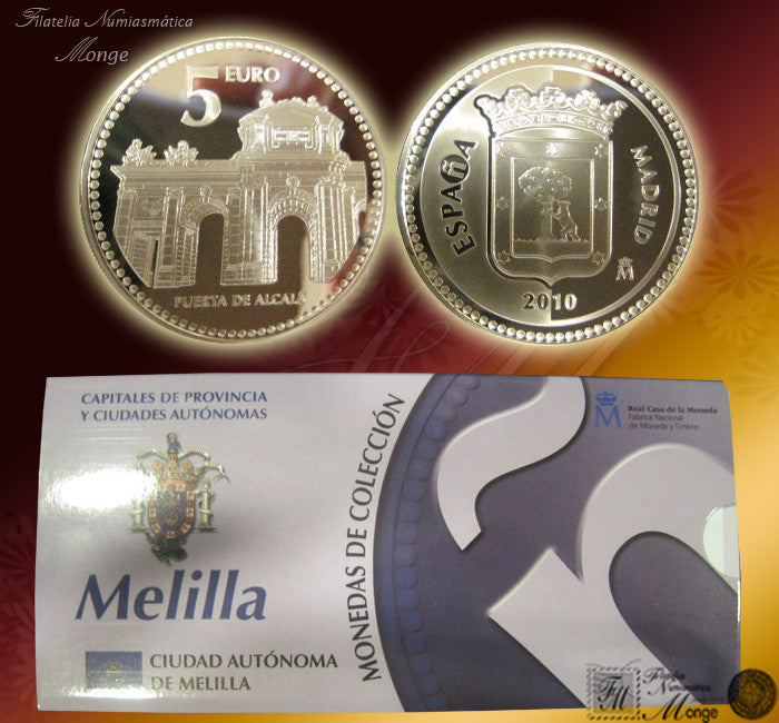 España - 2010 - Monedas euros en plata - PROOF - 5 € Año 2010 / Melilla / Plata / En estuche oficial