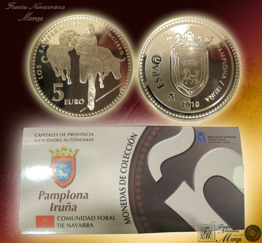 España - 2010 - Monedas euros en plata - PROOF - 5 € Año 2010 / Pamplona / Plata / En estuche oficial