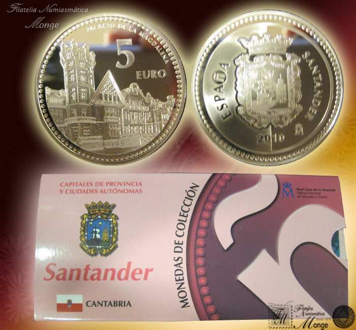 España - 2010 - Monedas euros en plata - PROOF - 5 € Año 2010 / Santander / Plata / En estuche oficial