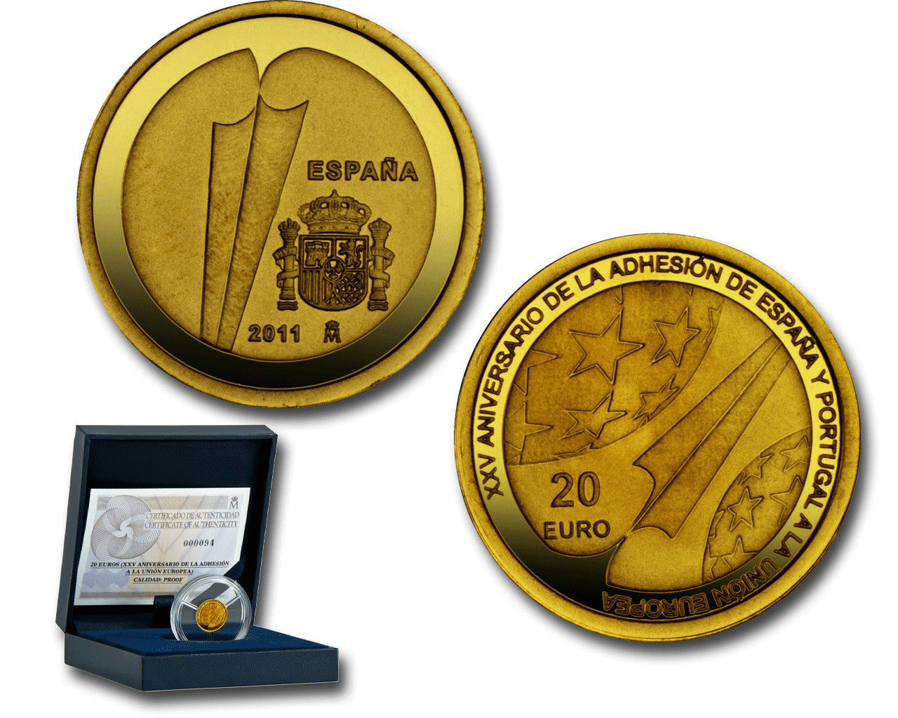 España - 2011 - Conmemorativas FNMT - PROOF - 20 € Año 2011 / XXV Aniv. Adhesion España y Portugal UE / 1,24 gr. Oro puro / En e