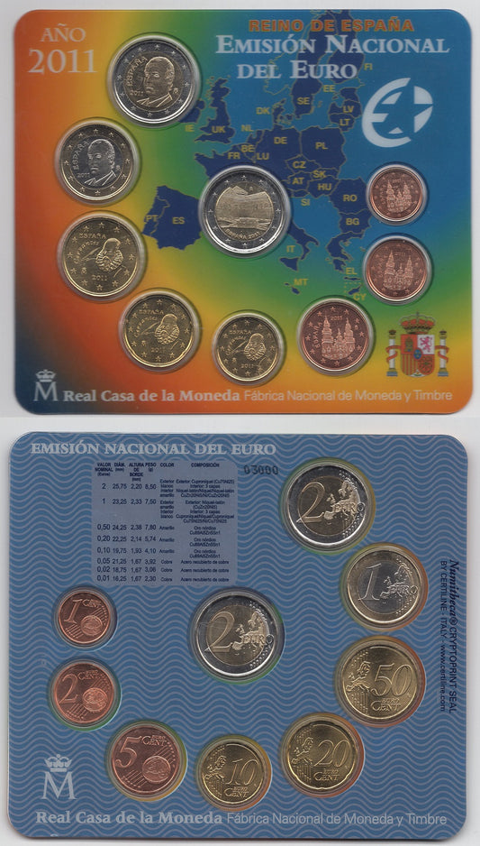 España - 2011 - Monedas Euros en cartera oficial - FDC / MS - Año 2011 (9 monedas)